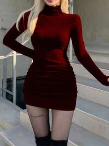 Simple, Casual Long-Sleeved Turtleneck Dress - màu đỏ đậm - Xem 1