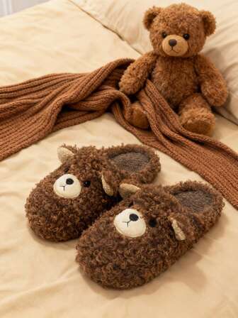 1 Pair Women's Cute Cartoon Bear Embroidered Curly Plush Slippers, Memory Foam Quiet Warm Novelty House Slippers For Autumn/Winter