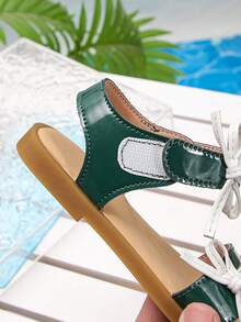 小女孩深绿色蝴蝶结舒适平底凉鞋露趾夏季鞋 - 綠色 - 查看 7