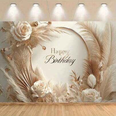 Un élégant bannière de fête d'anniversaire - Affiche florale beige et or avec le texte "Joyeux anniversaire", convient pour les anniversaires, mariages, anniversaires, cafés, décoration d'intérieur, sans électricité requise, fournitures de célébration d'anniversaire, convient pour une utilisation intérieure et extérieure, décoration de fête exquise, symbole de célébration, un incontournable pour les propriétaires de café.