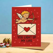 1pc Cupid With Heart Envelope You Light Up My Life Card Greeting Card Romantic Red Love Design With Angel Archer Illustration Perfect Valentine Expression Of Affection, Great For Friends, Lovers, Partners, Colleagues, Spouses, Special Someone