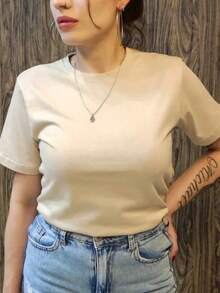 Women's Plain Casual T-Shirt, Basic Unisex Shirt, Comfortable Premium 100% Cotton Fabric, Suitable For All Occasions. - Caqui - Ver 1