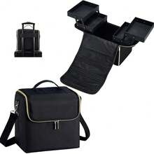 Maletin Maquillaje Grandes Extensibles para Mujeres, Bolsa de Maquillajede Viaje Estuche Organizador de Maquillaje para Viajes, Bandejas Extensibles para Herramientas de Uñas, Joyas(Oro Negro) - Oro negro-3 capas - Ver 9