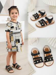 1 Pair Black Soft Leather Toddler/Little Girls' Flat Sandals With Pearl Woven Strap, Hook And Loop Design, Round Toe, Non-Slip Soft Sole, Casual Style, Suitable For 3-15 Years Old Girls, Spring/Summer - Black - View 3