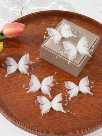 1pc/6pcs Lace Triple Layer Crystal Rhinestone Butterfly Hair Clip, Suitable For Daily Use