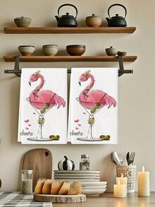 2Pcs Microfiber Cute Tea Towel Pink Flamingo Martini Glass Cheers Pattern Hand Towels For Coffee Bar & Everyday Use - Rose Red - View 1