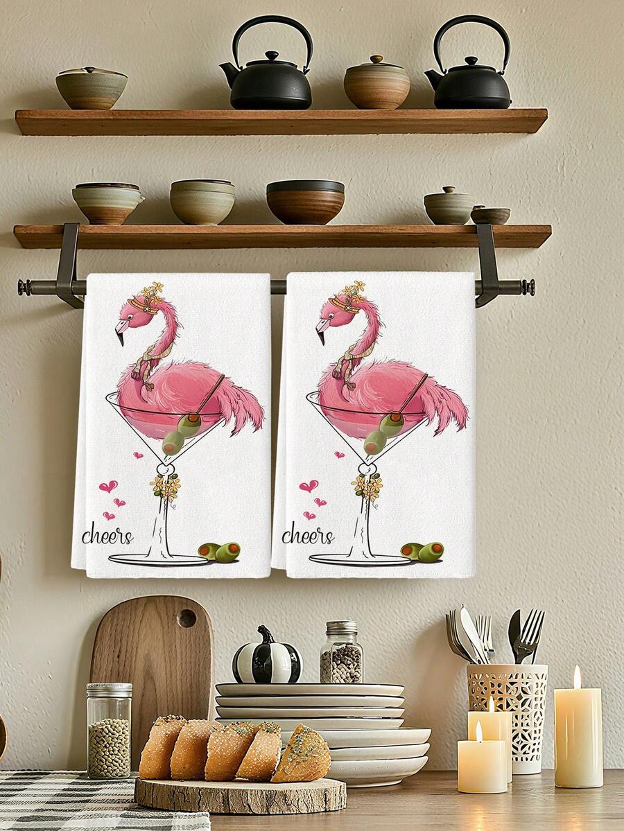 2Pcs Microfiber Cute Tea Towel Pink Flamingo Martini Glass Cheers Pattern Hand Towels For Coffee Bar & Everyday Use - Rose Red - View 1
