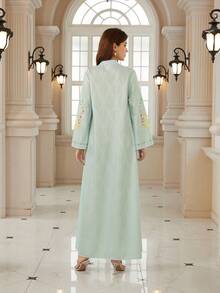 优雅女士V领长袖波西米亚印花连衣裙，采用梭织面料制成，展现充满活力的波西米亚风格 - NT06 - 查看 4