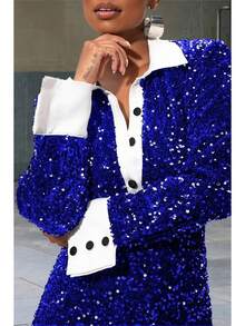 GLOURI Women's Royal Blue Sequin Maxi Dress - Contrasting White Collar & Cuffed Sleeve With Black Button Detail | Sleek Fitted Style For Evening Galas, Red Carpet Moments & Party Nights (Sequin-Laden Luxurious Fabric & Figure-Flattering) For Eye-Catching Gl - 藍色 - 查看 2