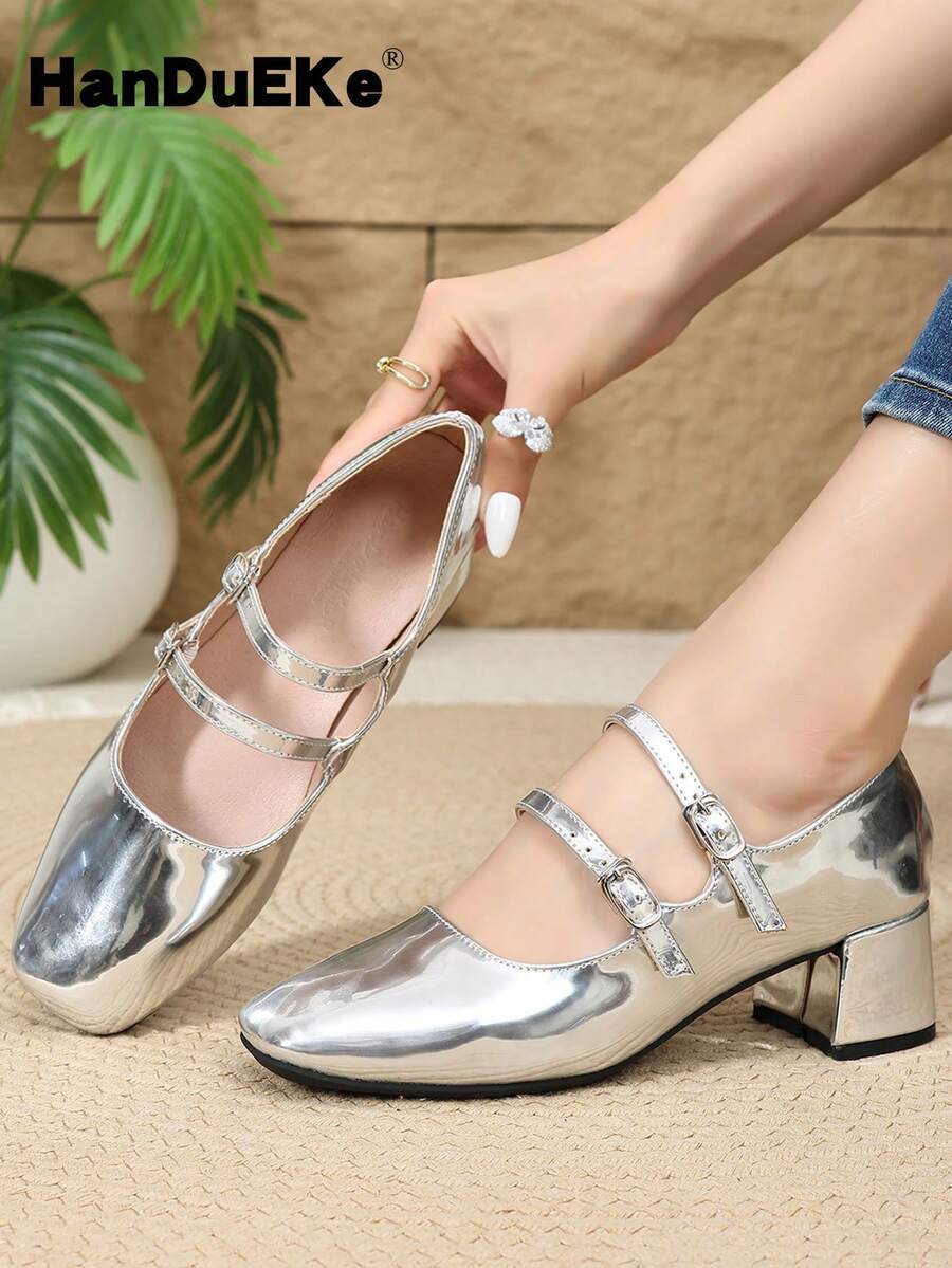Giày cao gót mũi vuông kiểu Mary Jane dành cho nữ, quai cài đôi bằng bạc kiểu Pháp, gót dày, kiểu dáng thanh lịch, phù hợp cho mùa xuân, hè, thu, và cả cỡ lớn. - Bạc - Xem 1