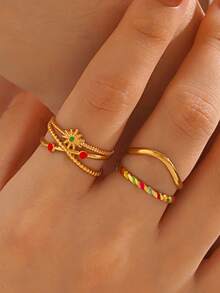 2pcs/Set Stainless Steel 18K Gold Plated Personalized Hip Hop Enamel Drip Rings Set, Suitable For Women Everyday Wear - Multicolor - View 1