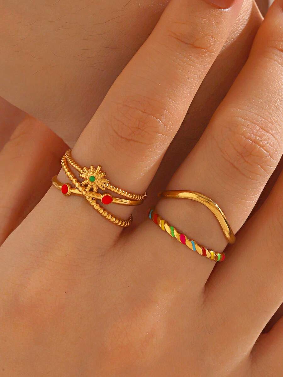 2pcs/Set Stainless Steel 18K Gold Plated Personalized Hip Hop Enamel Drip Rings Set, Suitable For Women Everyday Wear - Multicolor - View 1