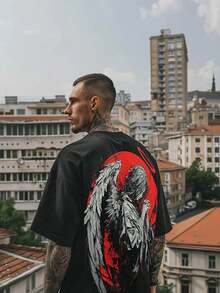 Men's Gothic Punk Style Graphic T-Shirt, Avant-Garde Urban Streetwear Short Sleeve Top - Black - View 1