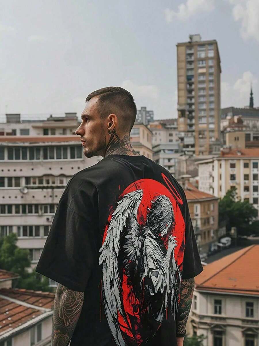 Men's Gothic Punk Style Graphic T-Shirt, Avant-Garde Urban Streetwear Short Sleeve Top - Black - View 1
