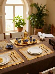 6/12pcs Gold Star & Moon Placemats, PVC Hollow Flower Vase Mats 45*30cm, Washable, Easy To Clean, Wipe-Able, Non-Slip, Heat-Resistant, Suitable For Room Decor, Dining Table Decor, Home Decor, Party Decor, Suitable For Holidays, Parties, Gatherings, Birthdays, Weddings, Gifts, Dinners, Outdoor, Picnics - Multicolor - View 5