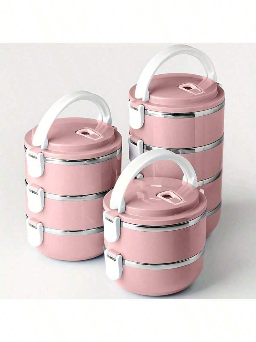 1/2/3/4pcs Stainless Steel High-Quality Solid Color Lunch Box With Lid, Multi-Layer Compartment, Multi-Functional, Heat-Resistant, Leak-Proof, Insulated, With Handle And Vent, Made Of Premium Materials, Suitable For Home, Kitchen, Dining, Office, Students, Hospitals, Visiting, Picnics, Camping And Travel - Pink - View 1