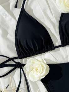 New Floral Embroidered Bikini Set, Halter Neck Sexy Beach Swimwear, 2 Pieces, Spring/Summer - Black - View 4