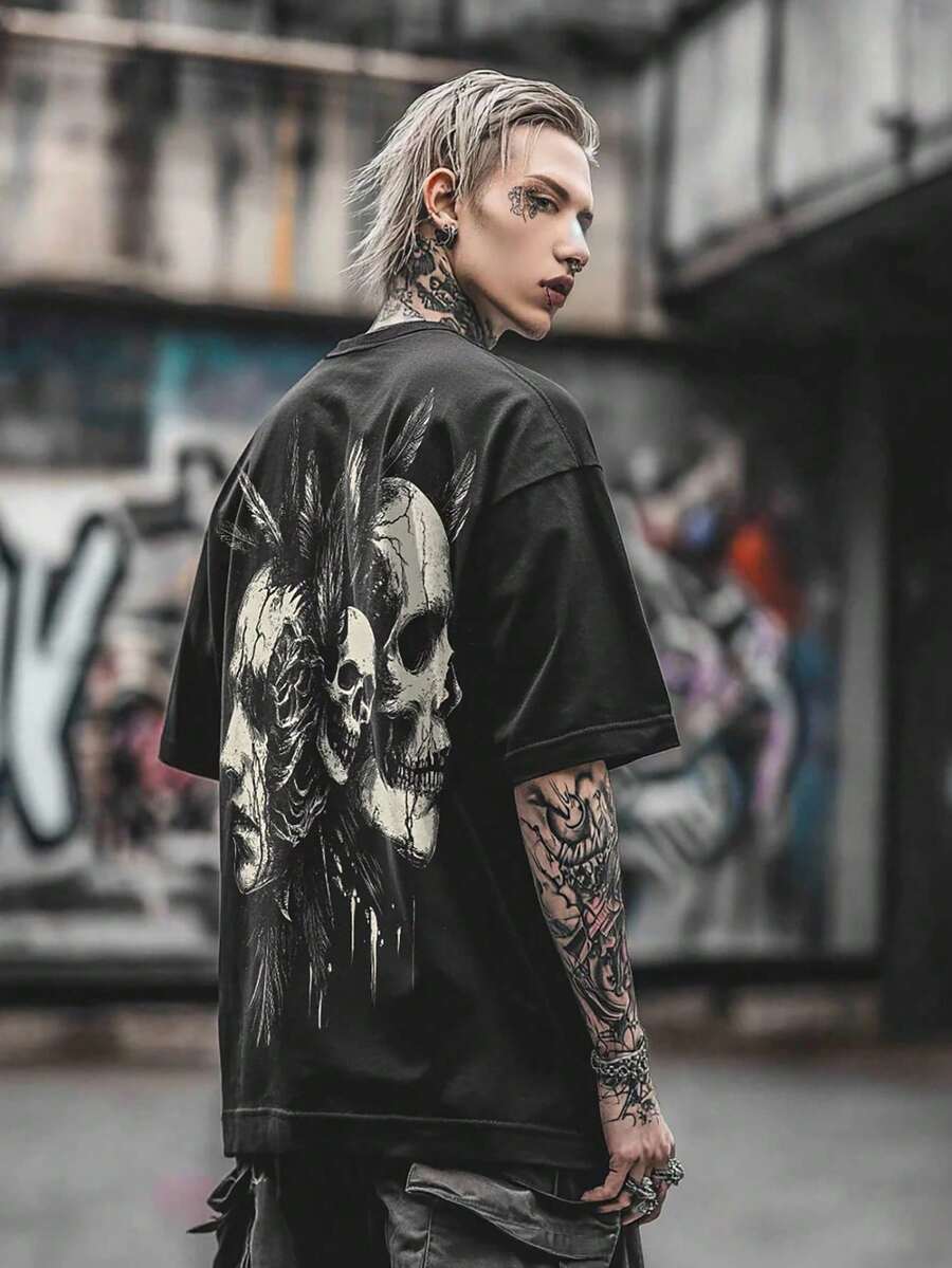 男士哥特朋克风印花T恤，前卫都市街头风短袖上衣 - 黑色 - 查看 1