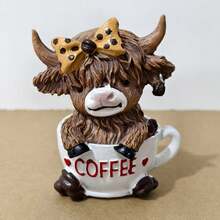 1/2pcs Coffee Highland Cow Figurine, 3D Highland Cow Statue, Farm Cow Decor, Seasonal Holiday Decoration For Christmas, Thanksgiving, Valentine's Day, Gift For Cow Lovers, Coffee Shop Decor, Cute Animal Design - Multicolor - View 13
