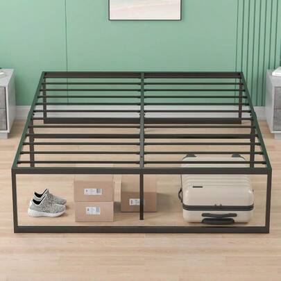 Queen Size Metal Bed Frame With Extra Storage Space Bed Base With Reinforced Legs Bedroom Furniture Black