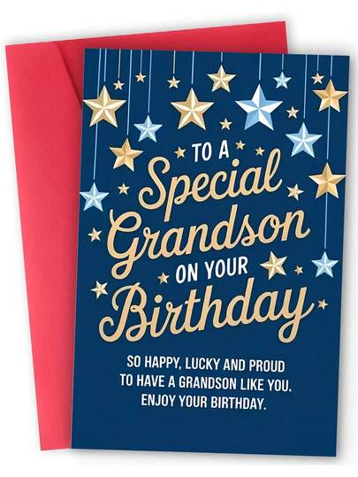1pc, Charming "Special Grandson" Birthday Card. Includes Envelope, Premium Paper. Playful Star & Typography Motif Design. Perfect For Tender Affection-The Ideal Card For Grandson (12cm/4.7in X 17cm/6.7in)