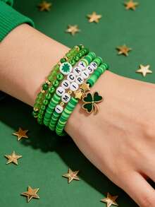 5pcs/Set St. Patrick's Day Clover Bracelet Set, Women's Green Shamrock, Four-Leaf Clover, Beer Mug, Leprechaun Pendant Elastic Beaded Bracelets, St. Patrick's Day Party Jewelry Gifts, Valentine's Day Gifts For Her - Green - View 4