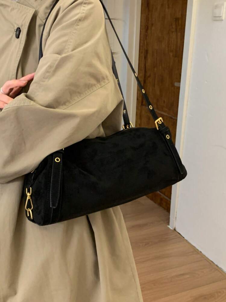 Bolso de mano estilo retro minimalista para mujer - Nuevo lanzamiento de invierno 2025, bolso de hombro de lujo de alta gama con bloques de color, adecuado para ir de tienda en tienda a corta distancia con correa de hombro ajustable - Negro - Añade 3