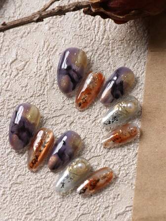 10pcs Acrylic Press On Nails White Purple Golden Halation Short Nail Fake Nails Artificial Nails Kit Includes 1sheet Adhesive Tabs &1 Pc Mini File