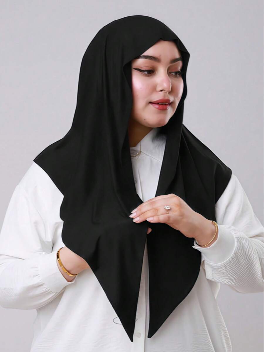 1pc Instant Triangle Hijab, All-In-One Tie-Up Headscarf. Quick Wrap, Non-Slip. No Undercap, No Folding. Suitable For Daily Wear, Prayer, And Outings - Black - View 1