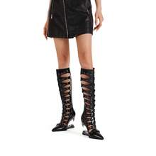 Nouveau style de gladiateur, fait main, dernier design ajouré avec rivets, confortable pour la randonnée et la danse, bottes à talons hauts asymétriques - Noir - Voir 3