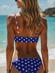 Summer Vacation Beach American Flag Print Spaghetti Strap Bikini Set - Multicolor - View 2