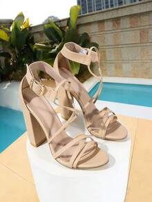 Damen elegante High Heel Sandalen, modisch vielseitig minimalistisch bequeme Offene Zehe Knöchelriemen Aprikose High Heel Sandalen - Aprikosenfarben - Übersicht 2