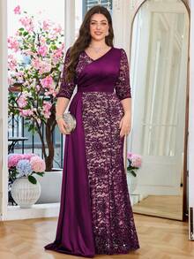 大码优雅V领花卉蕾丝撞色缎面垂褶侧边正式派对长裙，情人节礼服，舞会晚宴婚礼宾客礼服，毕业典礼，春季晚宴 - 紫紅色 - 查看 5