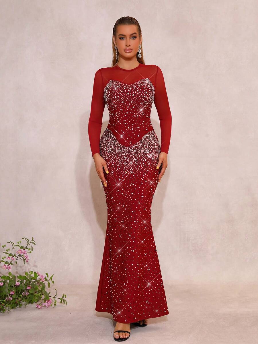 欧美奢华重工装饰钻石刺绣长款连衣裙，修身腰部网纱拼接鱼尾礼服，派对晚礼服 - 酒紅色 - 查看 1