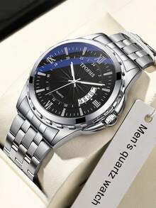 1pc Circular Calendar Luminous Quartz Stainless Steel Band Casual Business Men's Watch - one-size - View 3