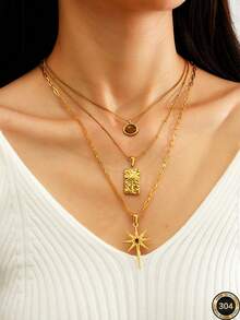 3pcs/Set Western Goth Vintage Style 18k Gold Plated Waterproof Stainless Steel Tiger's Eye Ston,Starburst Charm Layered Pendant Necklaces - Gold - View 1