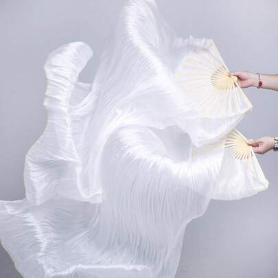 1 pieza Elegante abanico blanco de danza del vientre con borlas de bambú largas - Estilo de mano derecha, tela de seda con cinta fluida, adecuado para fiestas, actuaciones y eventos culturales