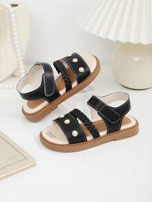 1 Pair Black Soft Leather Toddler/Little Girls' Flat Sandals With Pearl Woven Strap, Hook And Loop Design, Round Toe, Non-Slip Soft Sole, Casual Style, Suitable For 3-15 Years Old Girls, Spring/Summer - Black - View 9