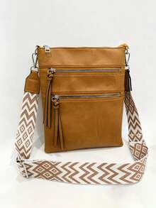 Fashionable Retro Style Crossbody Bag For Women, Multi-Pocket Design With Zipper Pockets, Geometric Wide Shoulder Strap, Essential Stylish Item For Daily Commute - Brown - View 6