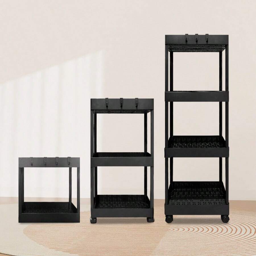 Carrito organizador con ruedas, estante de almacenamiento multiusos con ganchos, carrito auxiliar de cocina/baño/oficina, organizador para despensa - Negro - Ver 1