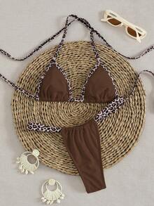 新款纯色系带优雅性感超三角比基尼套装，夏季沙滩时尚女士比基尼度假装 - 豹紋咖色 - 查看 2