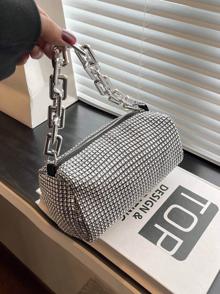 Fashionable Commuter Mini Sparkling Rhinestone Clutch Bag For Evening Party - Silver - View 1