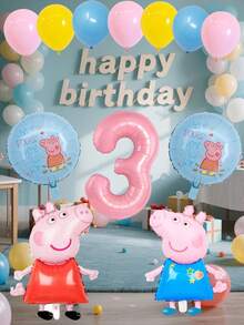 Peppa Pig Pink Little Pig Aluminum Film Balloon - Colorful Latex Balloon Decoration - Pink Little Pig And Blue Little Pig + Pink Digital Birthday First Birthday Party Decoration Project Set - Multicolor - View 3
