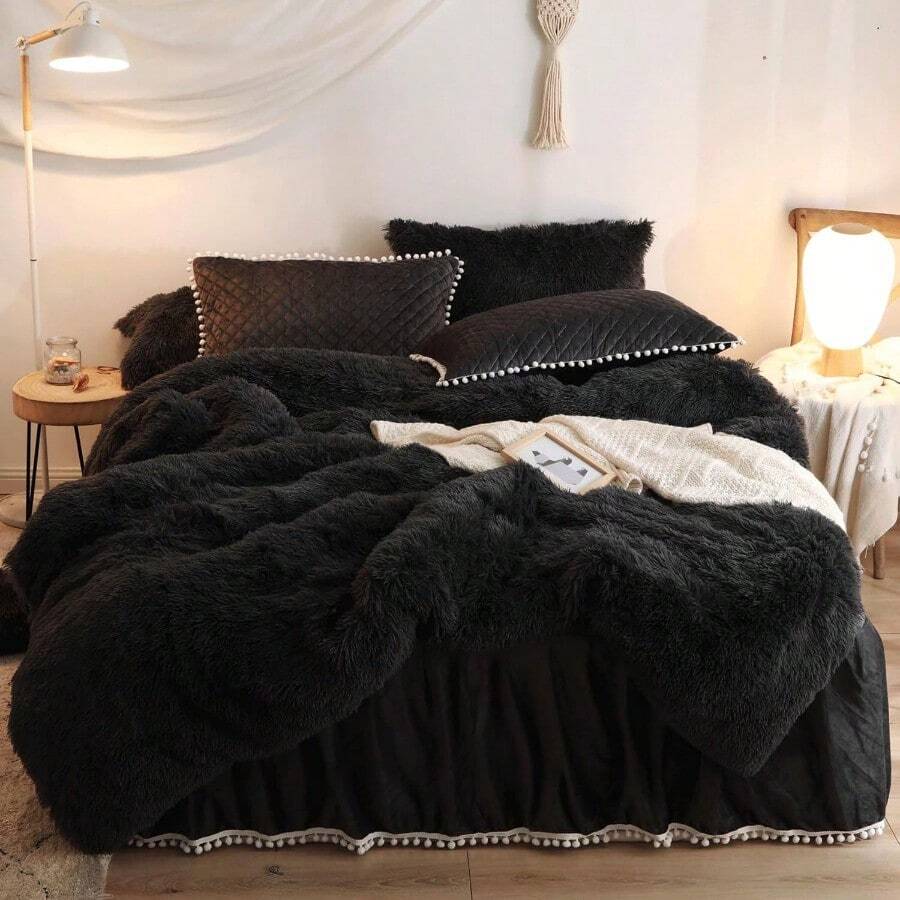 Luxury Plush Shaggy Duvet Cover Set Black Comforter Cover Sets 3 Pieces 1 Faux Fur Duvet Cover +2 Pillowcases Fluffy Black Bedding Sets Solid Color (Black Queen) - Black - View 1