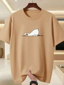 Camiseta Masculina Para Ele Estampada com Design Elegante Pato Deitado - Camiseta Estilosa Bege para Academia, Streetwear e Looks Casuais, Gola Redonda Respirável, Top de Verão para Treino, Material Durável, Manga Curta, Ideal para Entusiastas da Fitness - Bege - Visão 1