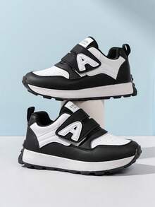 1 Pair Toddler Boys' Color Block PU Hook And Loop Design Flat Casual Cute Athletic Shoes, Suitable For Spring And Autumn - Black and White - View 3