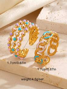 2pcs/Set Stainless Steel Fashionable Pink & Blue Ombre Geometric Round Ring Set, Suitable For Women's Daily And Party Wear - Multicolor - View 2
