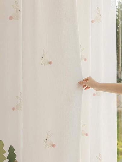 1件可爱卡通兔子毛球尾巴窗帘/薄纱，适用于儿童房、公主房