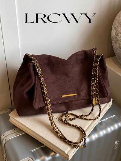 Women's Shoulder Bag, Flap Cover Soft Bag, Faux Suede Velvet Matte PU, Fashion Autumn/Winter Elegant Retro Minimalist, Metal Hardware Design Metal Chain, Suitable For Women, Girls, College Students, Suitable For Shopping, Commuting, Coffee Color