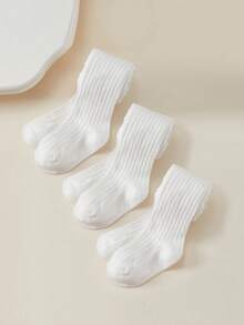 3 件装女婴白色竖条纹打底裤，百搭日常穿着紧身裤 - 白色 - 查看 8